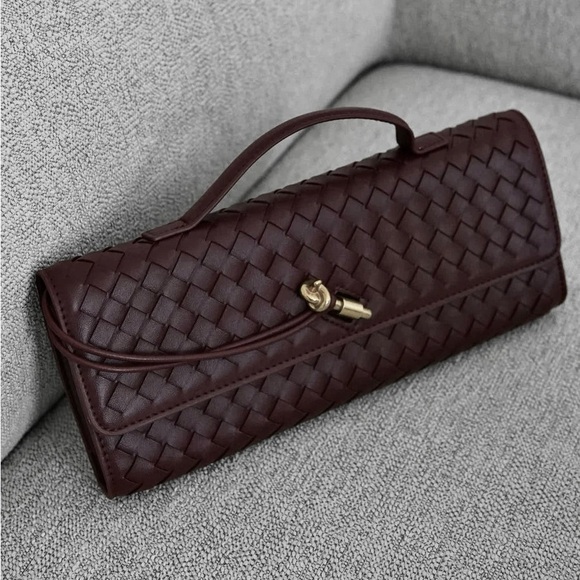 Dark chocolate Woven faux leather clutch purse bag with removable straps - Picture 1 of 9